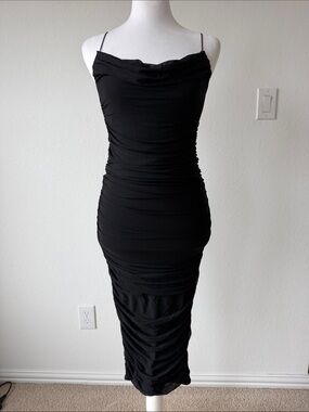 Oh Polly Black Ruched Midi Dress with Spaghetti Straps